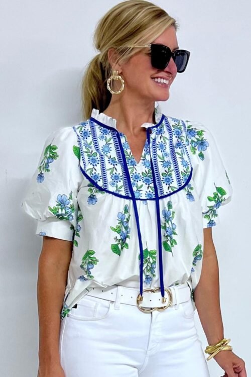 Blouses | Women Beige Floral Print Piping Trim Tie Neck Puff Sleeve Blouse