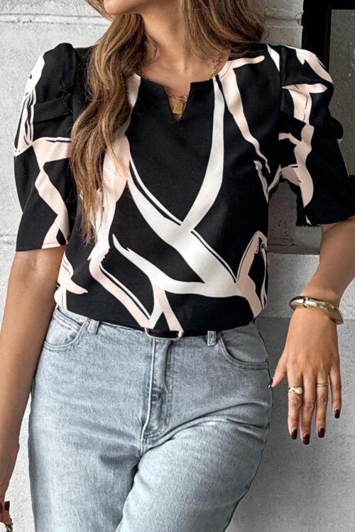Blouses | Women Black Abstract Print Puff Sleeve Blouse