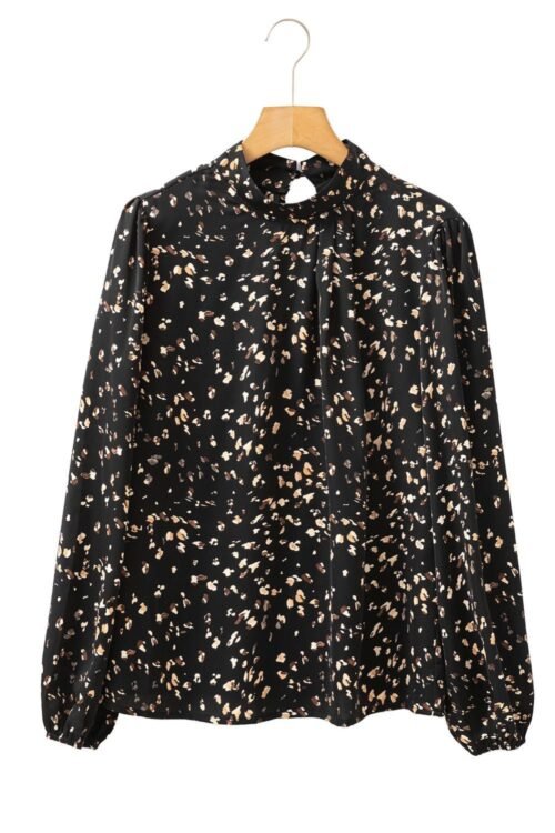 Blouses | Women Black Leopard Print Puff Sleeve Mock Neck Pleated Blouse