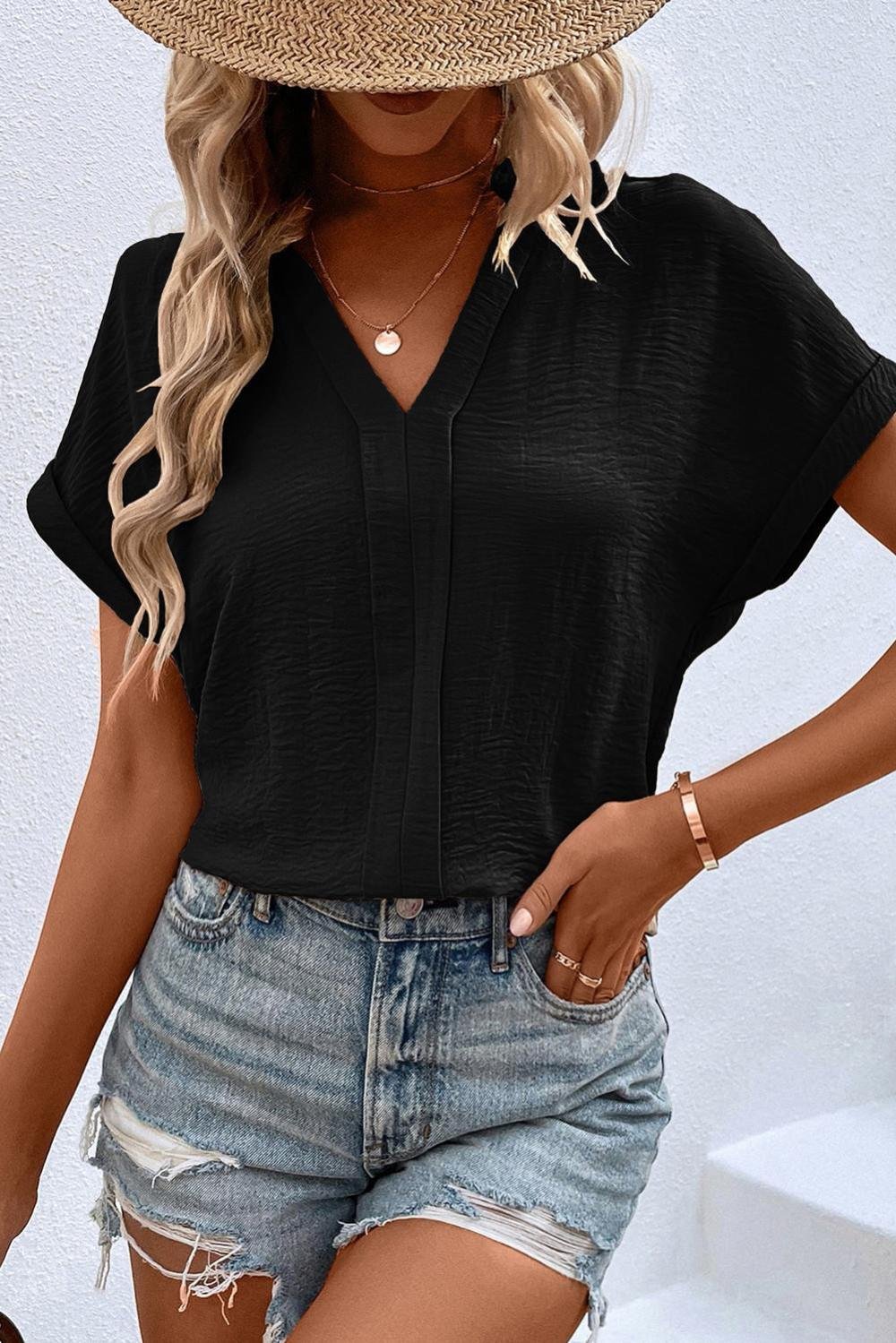 Blouses | Women Black Notched Neck Batwing Sleeve Blouse