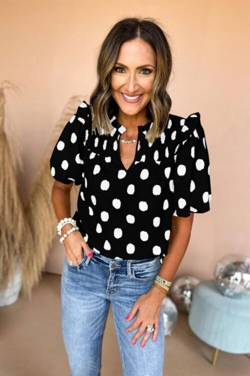 Blouses | Women Black Polka Dot Print Smocked Notched Neck Balloon Sleeve Blouse