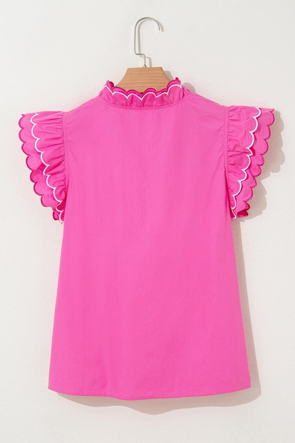 Blouses | Women Bright Pink Scallop Trim V Neck Layered Short Sleeve Blouse