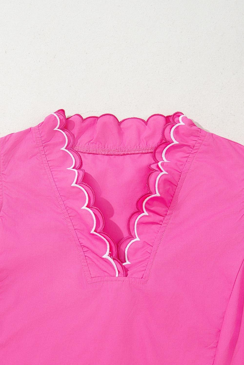 Blouses | Women Bright Pink Scallop Trim V Neck Layered Short Sleeve Blouse
