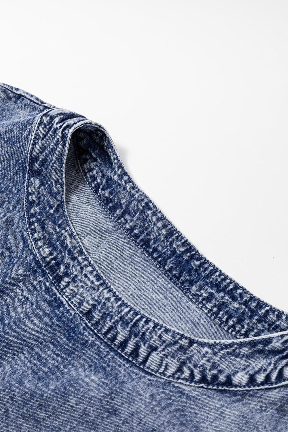 Blouses | Women Dusk Blue Acid Wash Pearl Embellishment Round Neck Denim Top