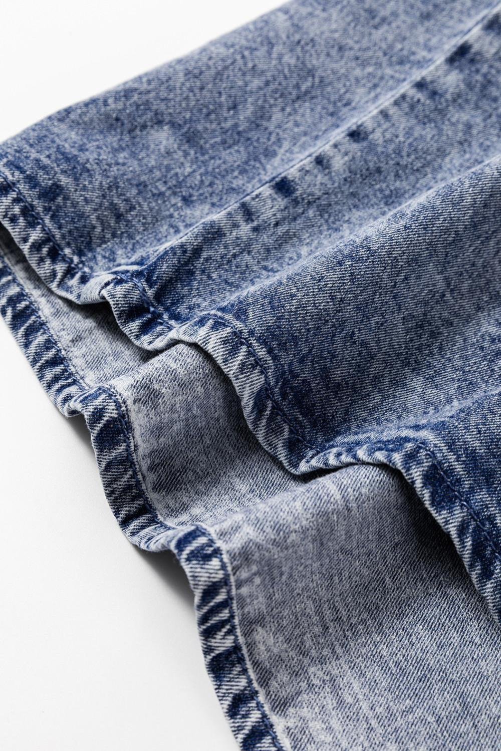 Blouses | Women Dusk Blue Acid Wash Pearl Embellishment Round Neck Denim Top