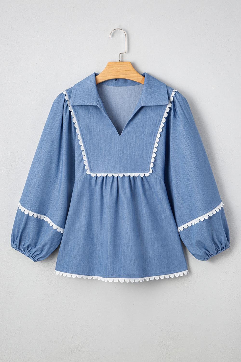 Blouses | Women Dusk Blue Scallop Trim Puff Sleeve Collared Babydoll Blouse
