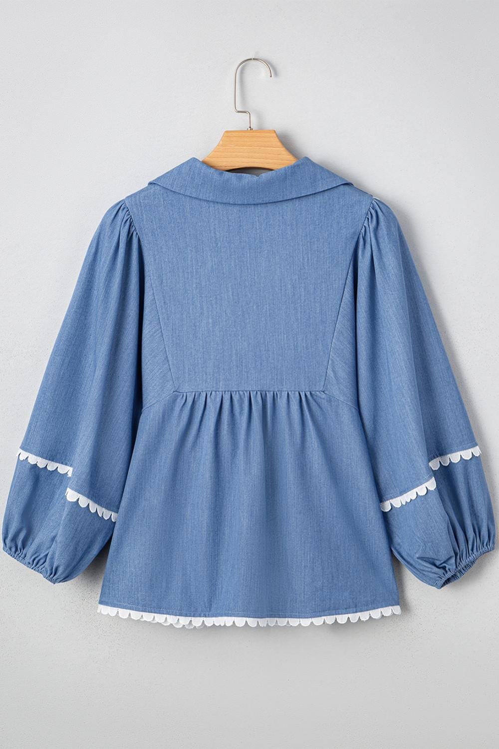 Blouses | Women Dusk Blue Scallop Trim Puff Sleeve Collared Babydoll Blouse