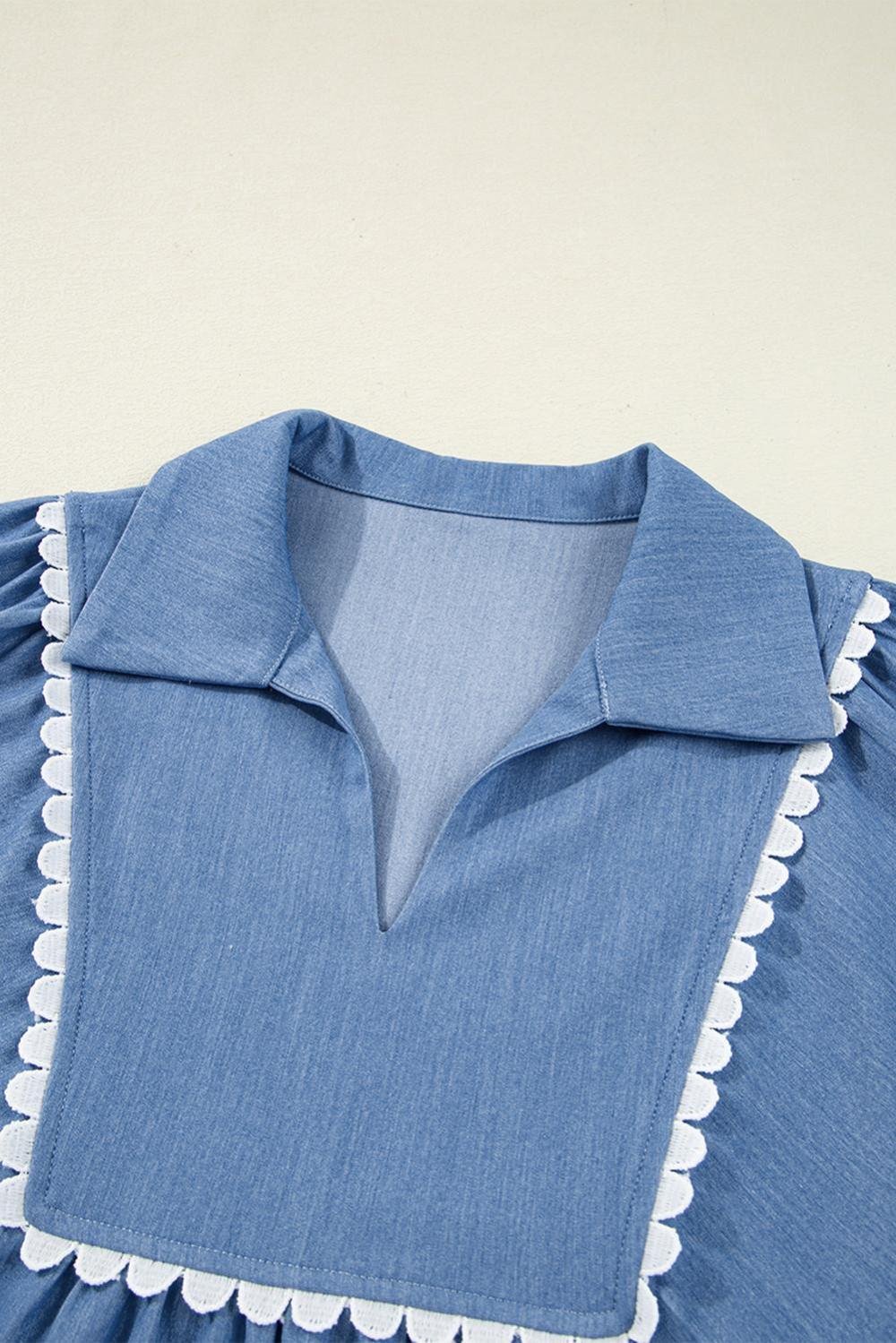 Blouses | Women Dusk Blue Scallop Trim Puff Sleeve Collared Babydoll Blouse