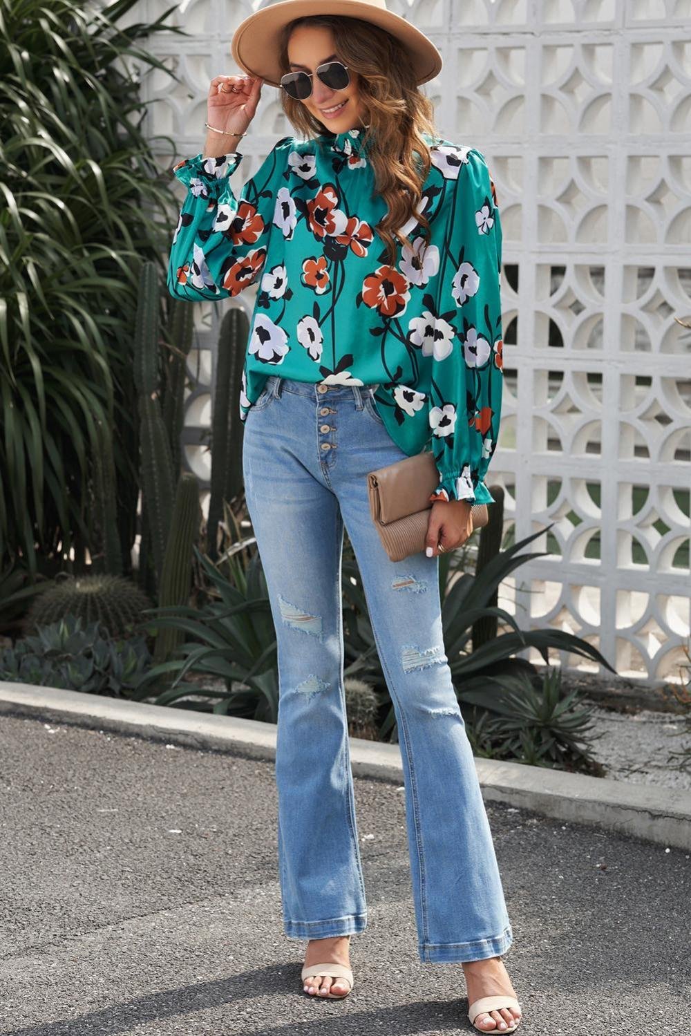 Blouses | Women Green Mock Neck Top Floral Print Long Sleeve Silk Blouse