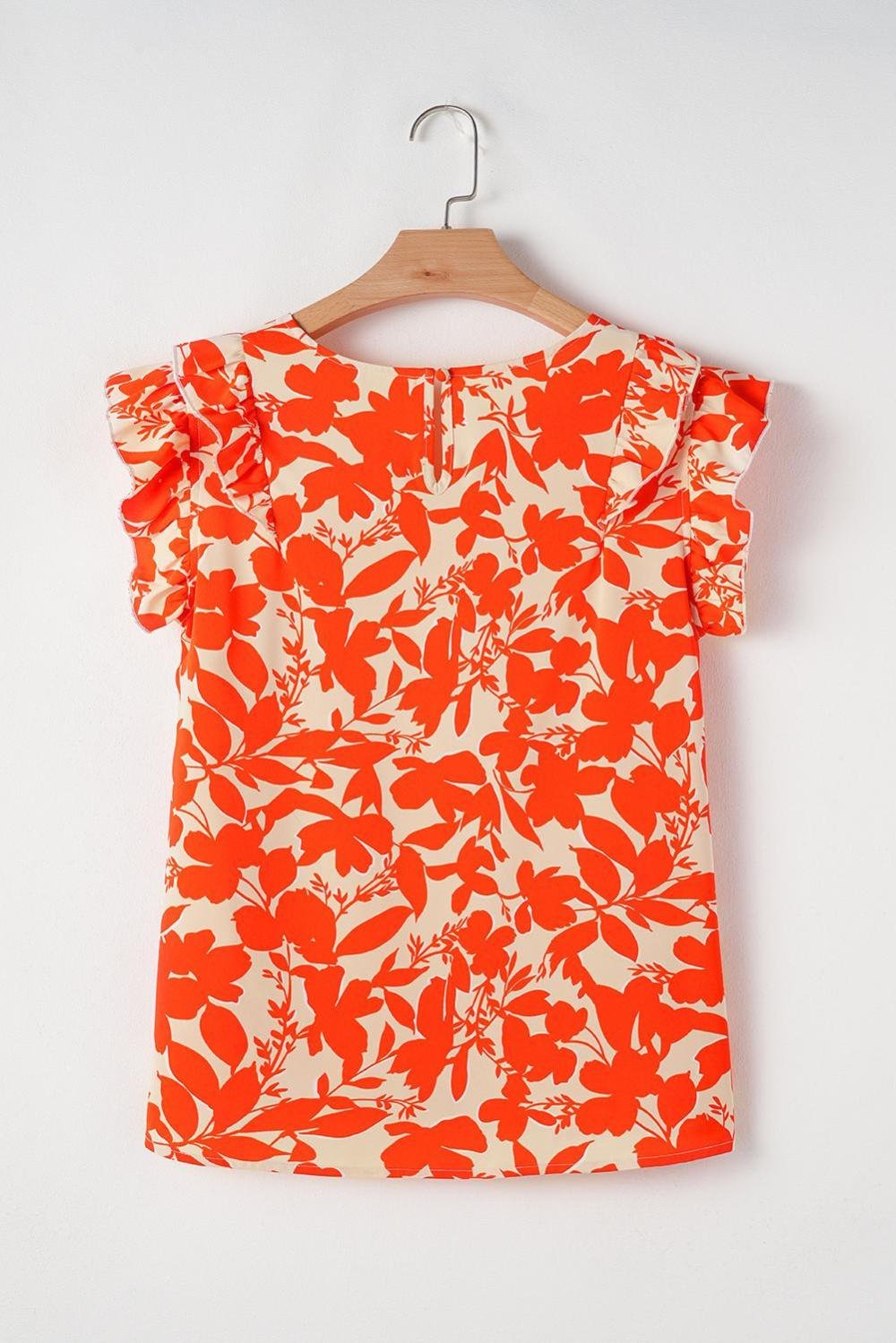 Blouses | Women Orange Floral Print Ruffle Sleeve V Neck Top