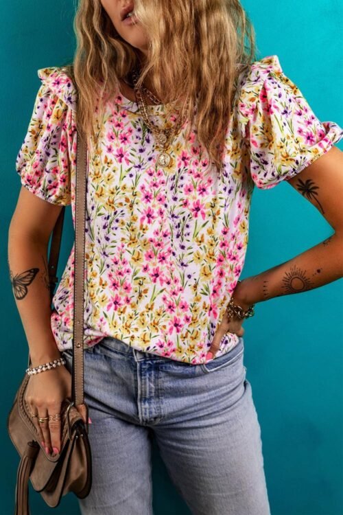Blouses | Women Pink Floral Puff Short Sleeve Crewneck Blouse