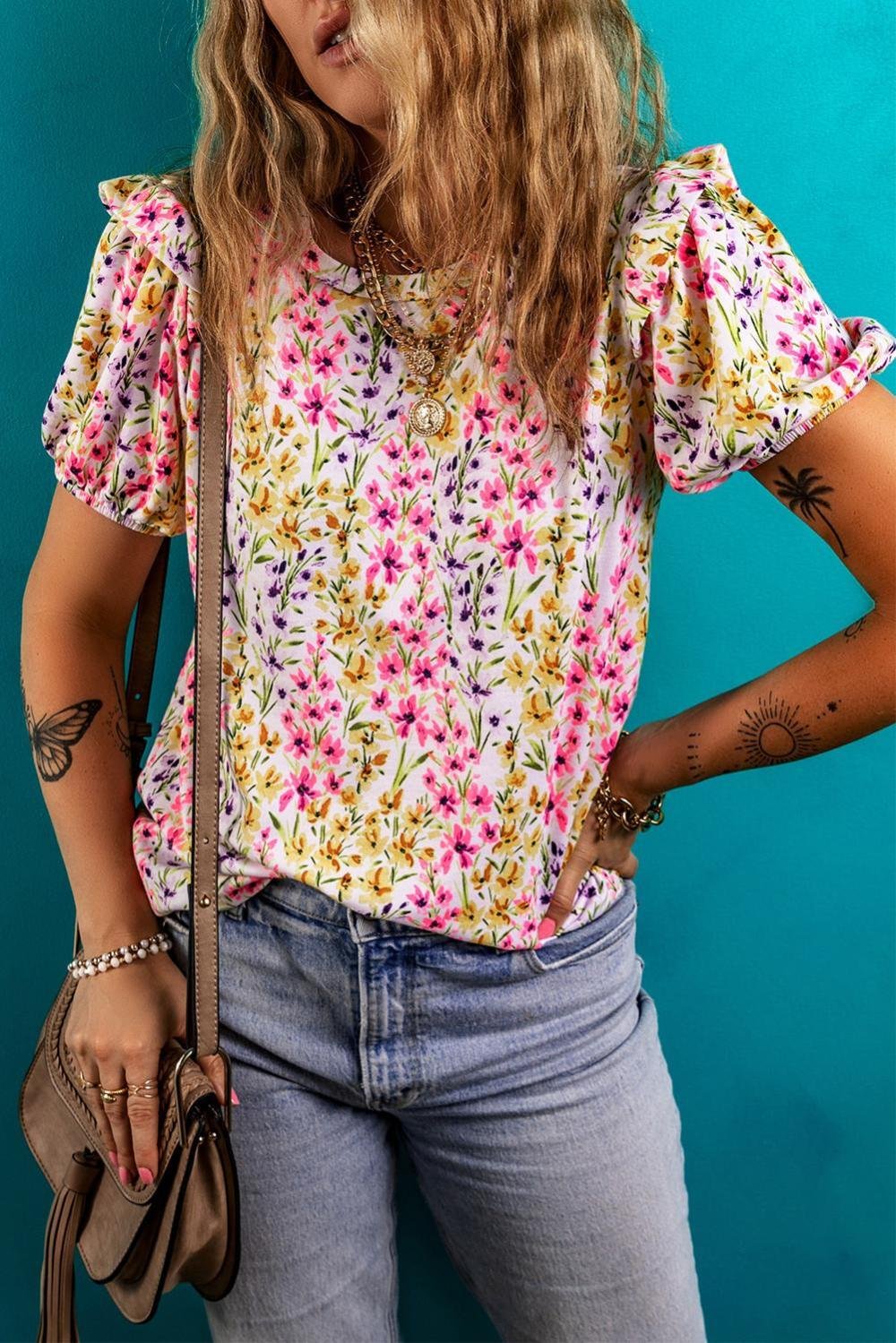 Blouses | Women Pink Floral Puff Short Sleeve Crewneck Blouse