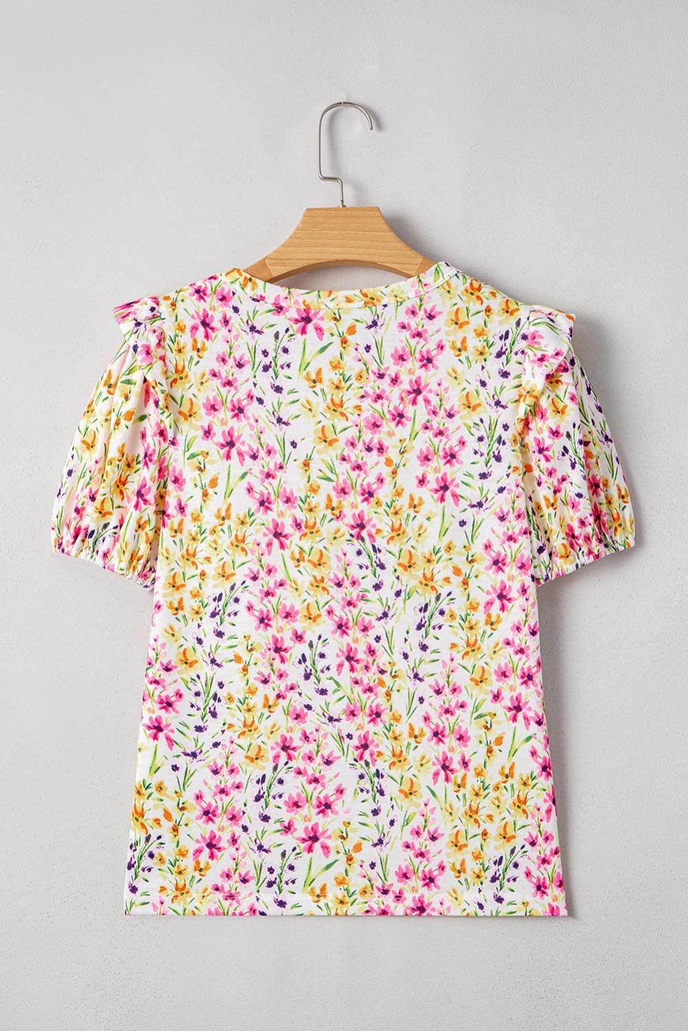 Blouses | Women Pink Floral Puff Short Sleeve Crewneck Blouse