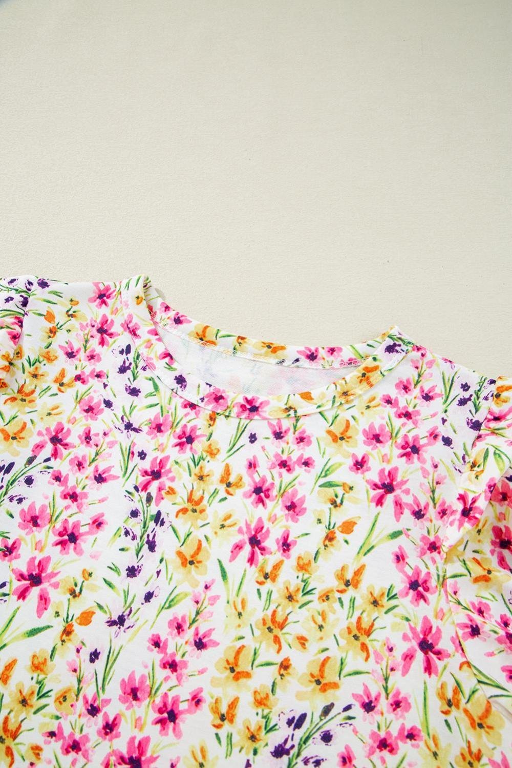 Blouses | Women Pink Floral Puff Short Sleeve Crewneck Blouse