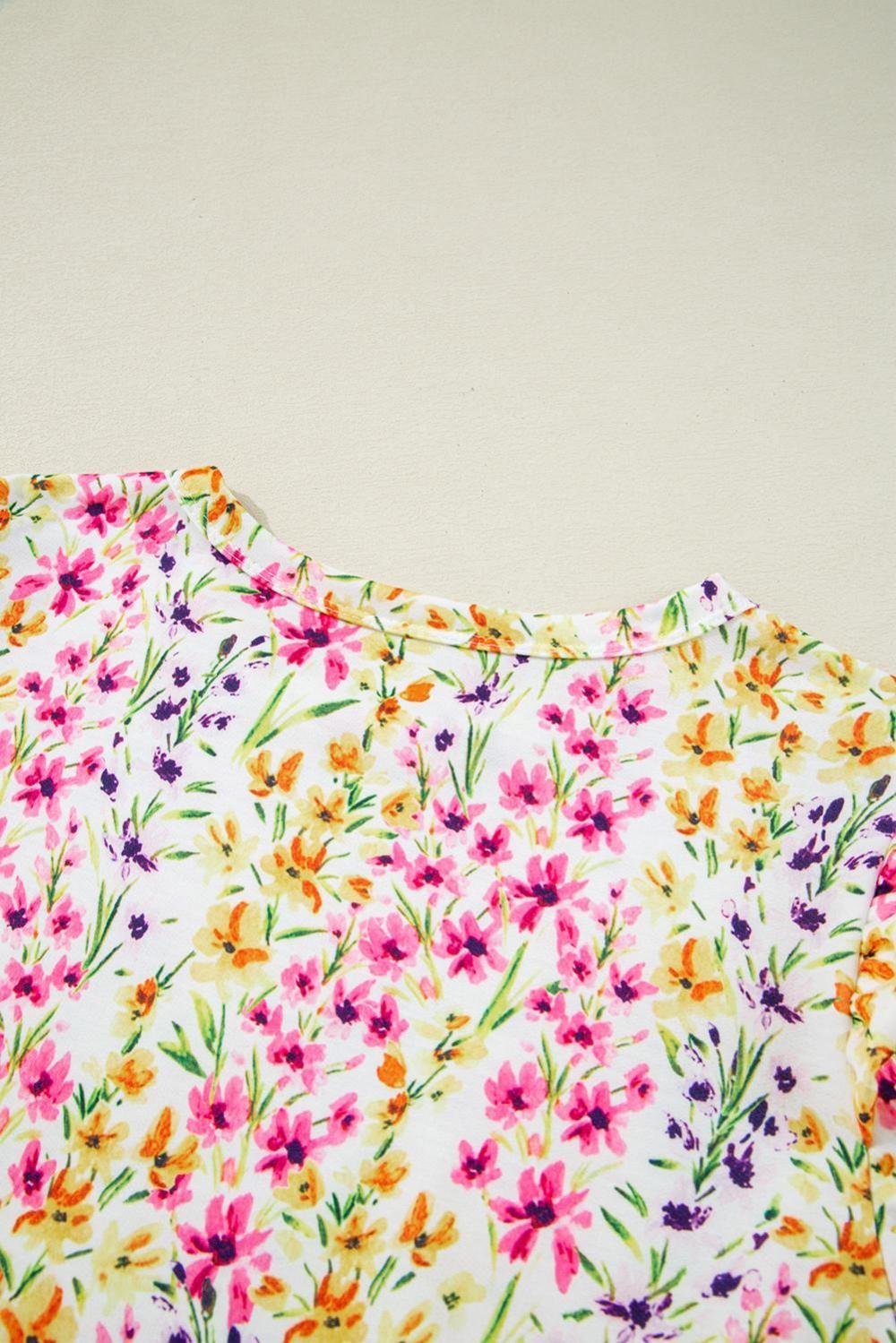 Blouses | Women Pink Floral Puff Short Sleeve Crewneck Blouse