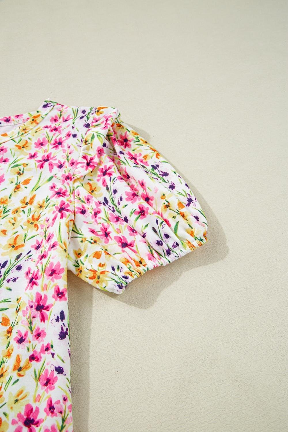 Blouses | Women Pink Floral Puff Short Sleeve Crewneck Blouse