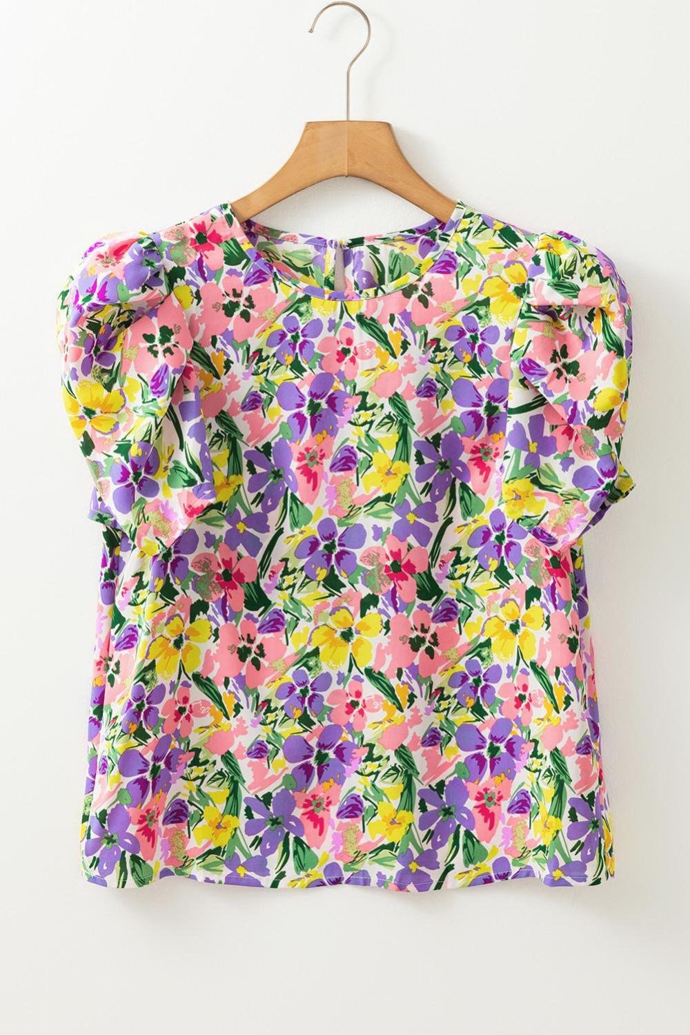 Blouses | Women Purple Floral Print Short Sleeve Blouse