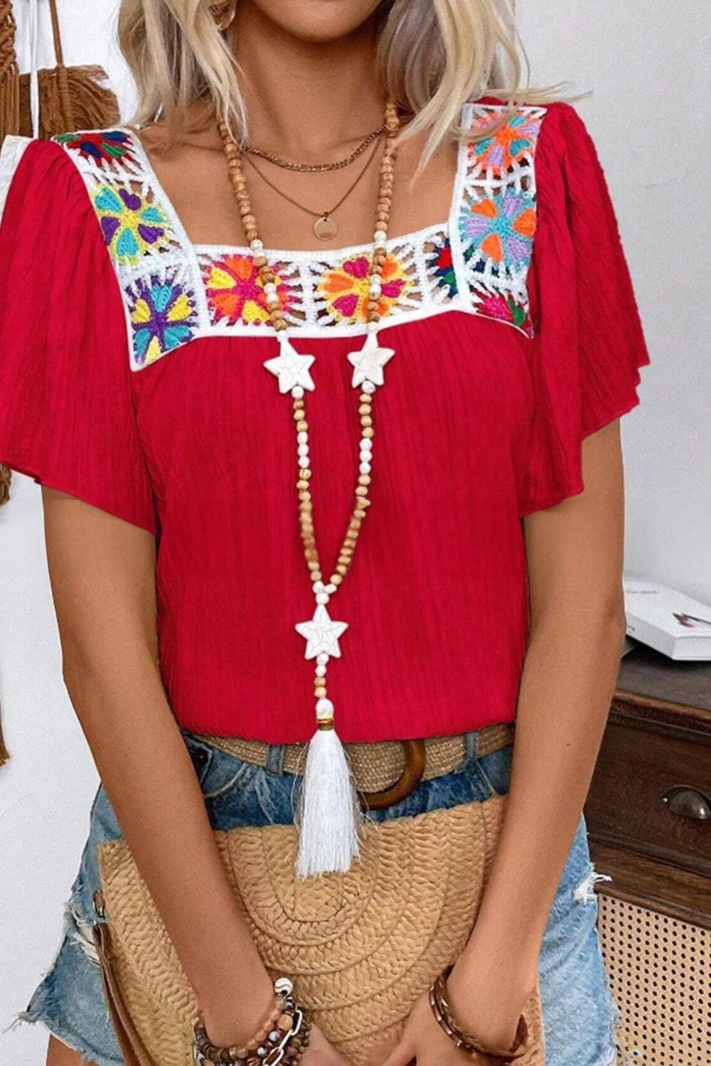 Blouses | Women Racing Red Crochet Flower Square Neck Ruffle Sleeve Blouse