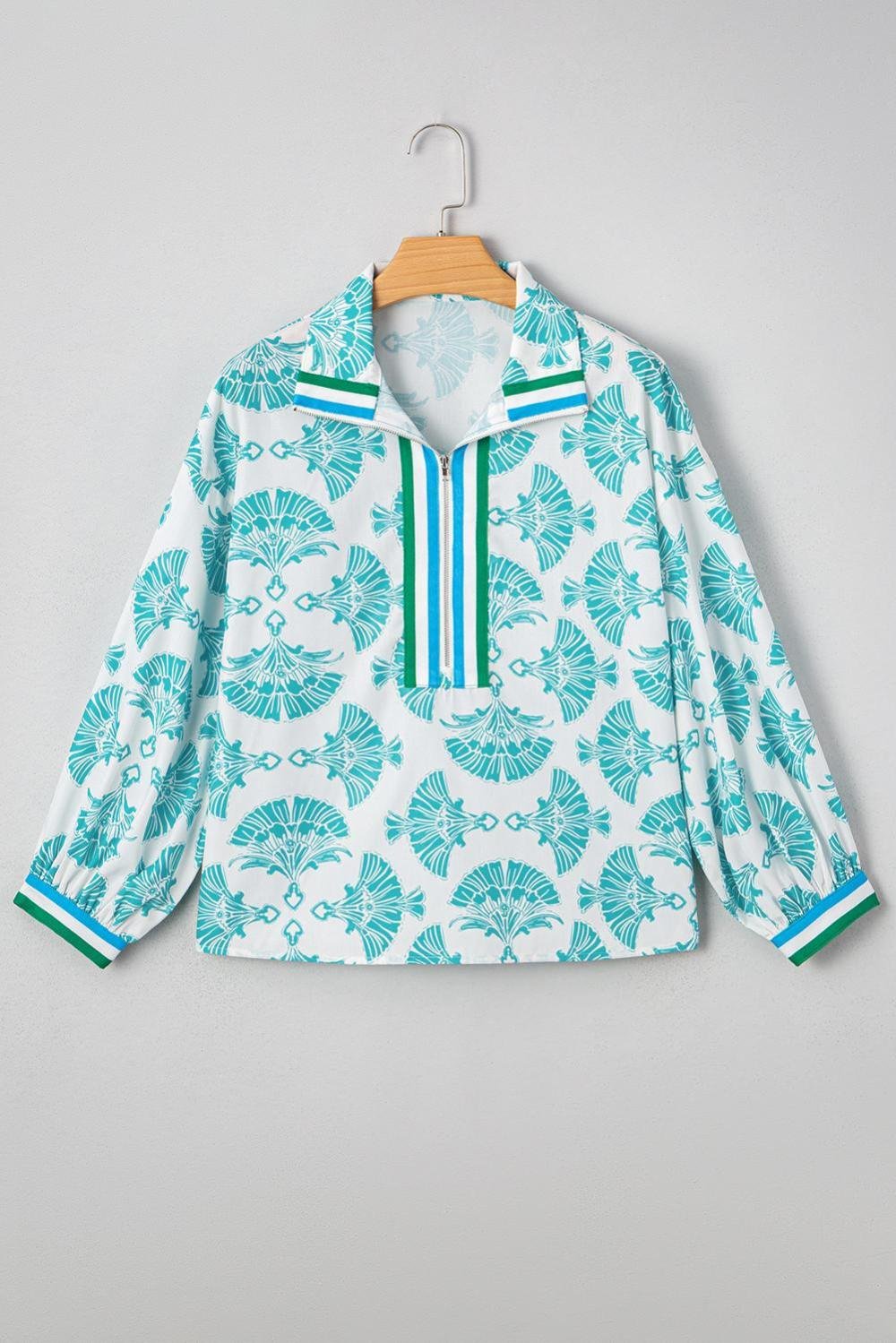 Blouses | Women Sky Blue Abstract Print Bubble Sleeve Pop Of Color Neck Blouse