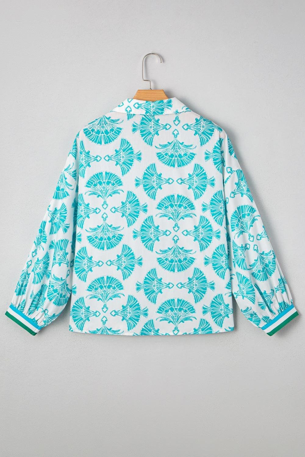 Blouses | Women Sky Blue Abstract Print Bubble Sleeve Pop Of Color Neck Blouse