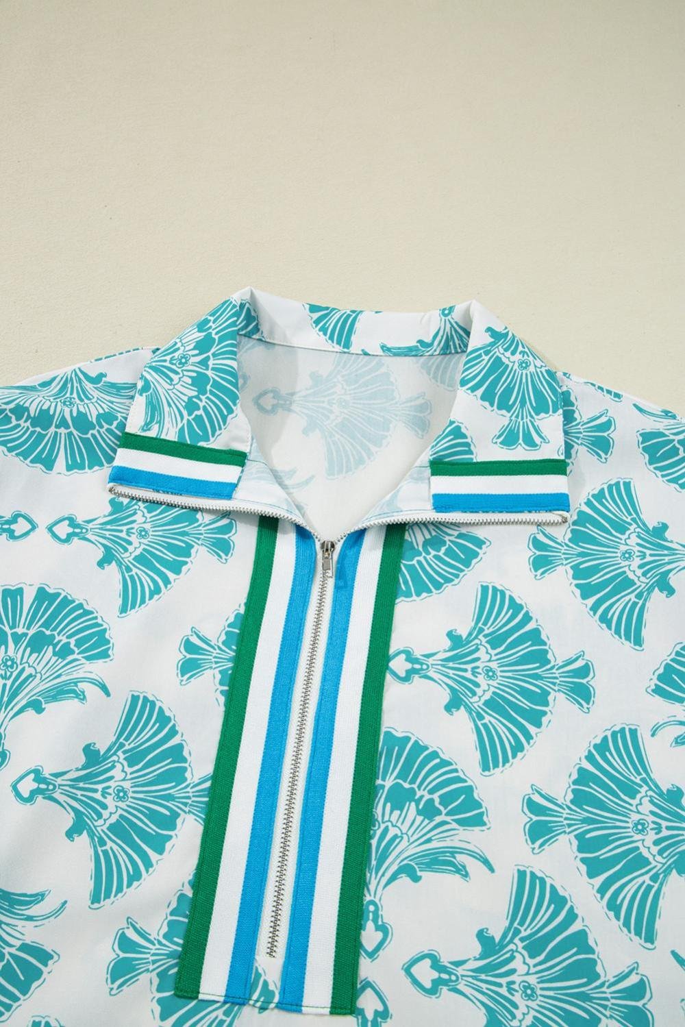 Blouses | Women Sky Blue Abstract Print Bubble Sleeve Pop Of Color Neck Blouse