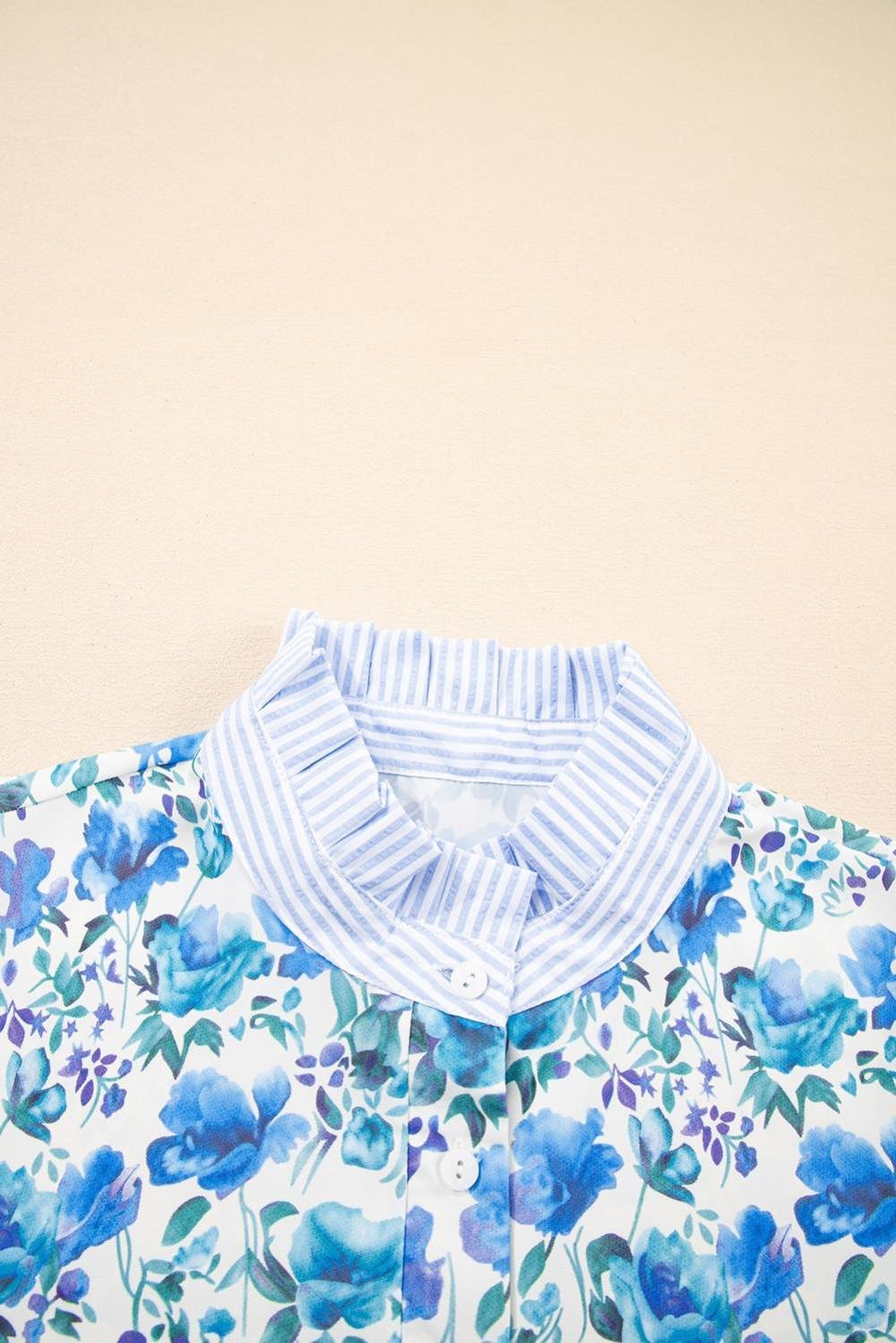 Blouses | Women Sky Blue Floral Print Striped Patchwork Collared Blouse