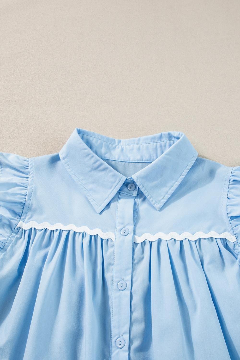 Blouses | Women Sky Blue Ric Rac Trim Collared Pleated Ruffle Top