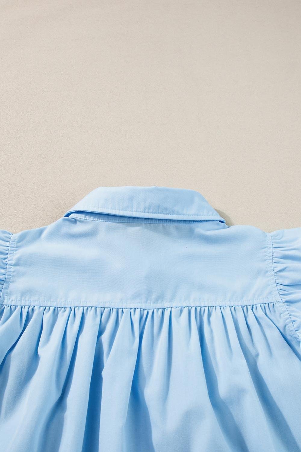 Blouses | Women Sky Blue Ric Rac Trim Collared Pleated Ruffle Top