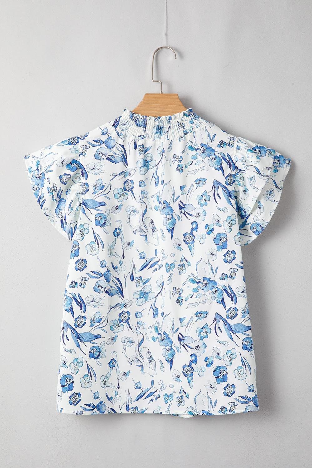 Blouses | Women Sky Blue Ruffle Short Sleeve Floral Print Pop Of Color Neckline Blouse