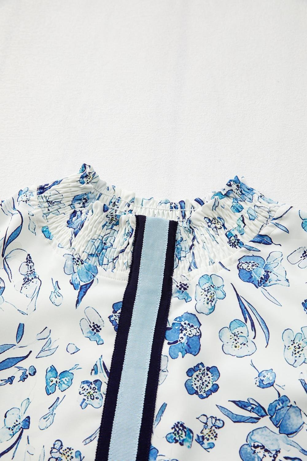 Blouses | Women Sky Blue Ruffle Short Sleeve Floral Print Pop Of Color Neckline Blouse