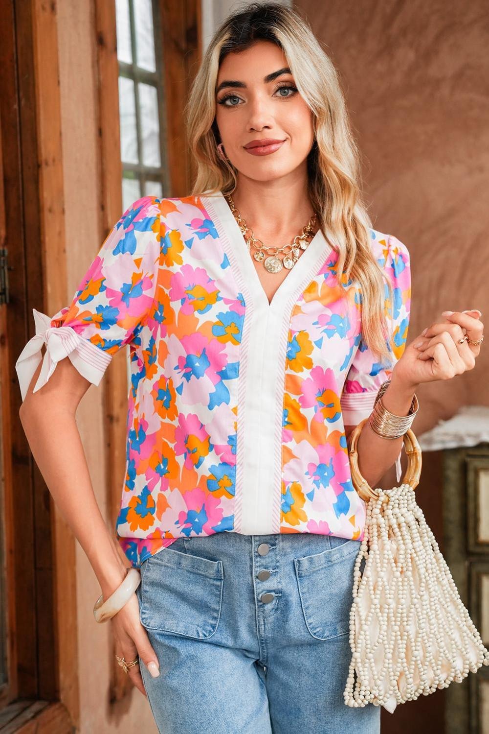Blouses | Women White Floral Colorblock Striped Edge V Neck Knotted Short Sleeve Blouse