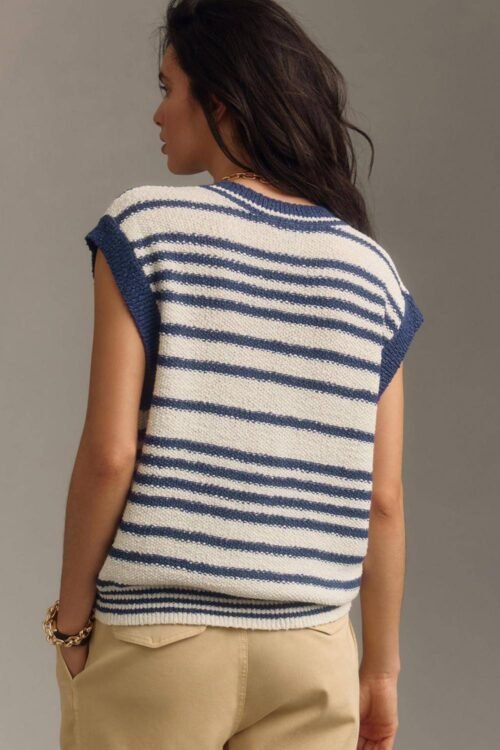 Knit Tops | Women Blue Stripe Loose Buttoned V Neck Knit Vest