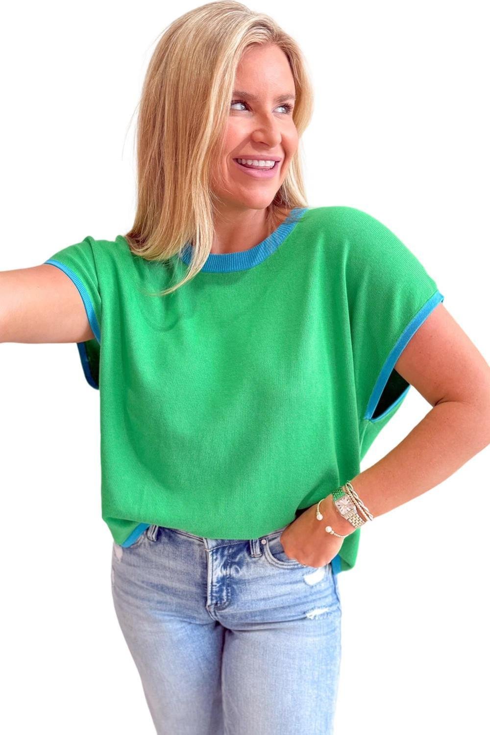Knit Tops | Women Green Contrast Trim Round Neck Short Sleeve Loose Knit Top