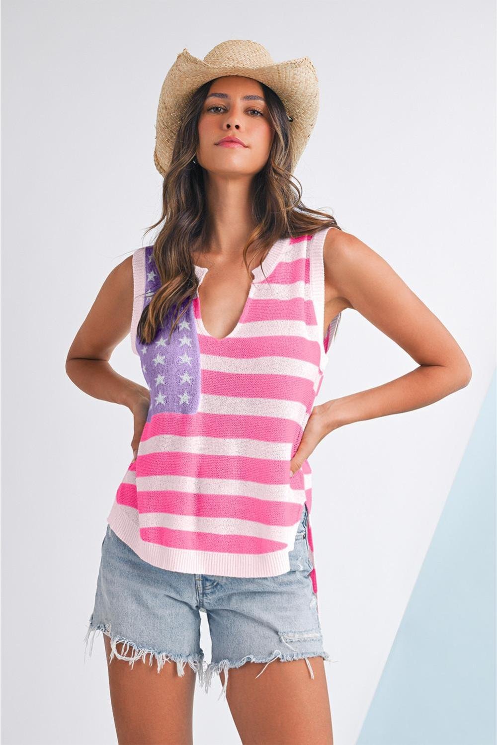 Knit Tops | Women Pink Stripe Usa Flag Notched Neckline Loose Knit Vest