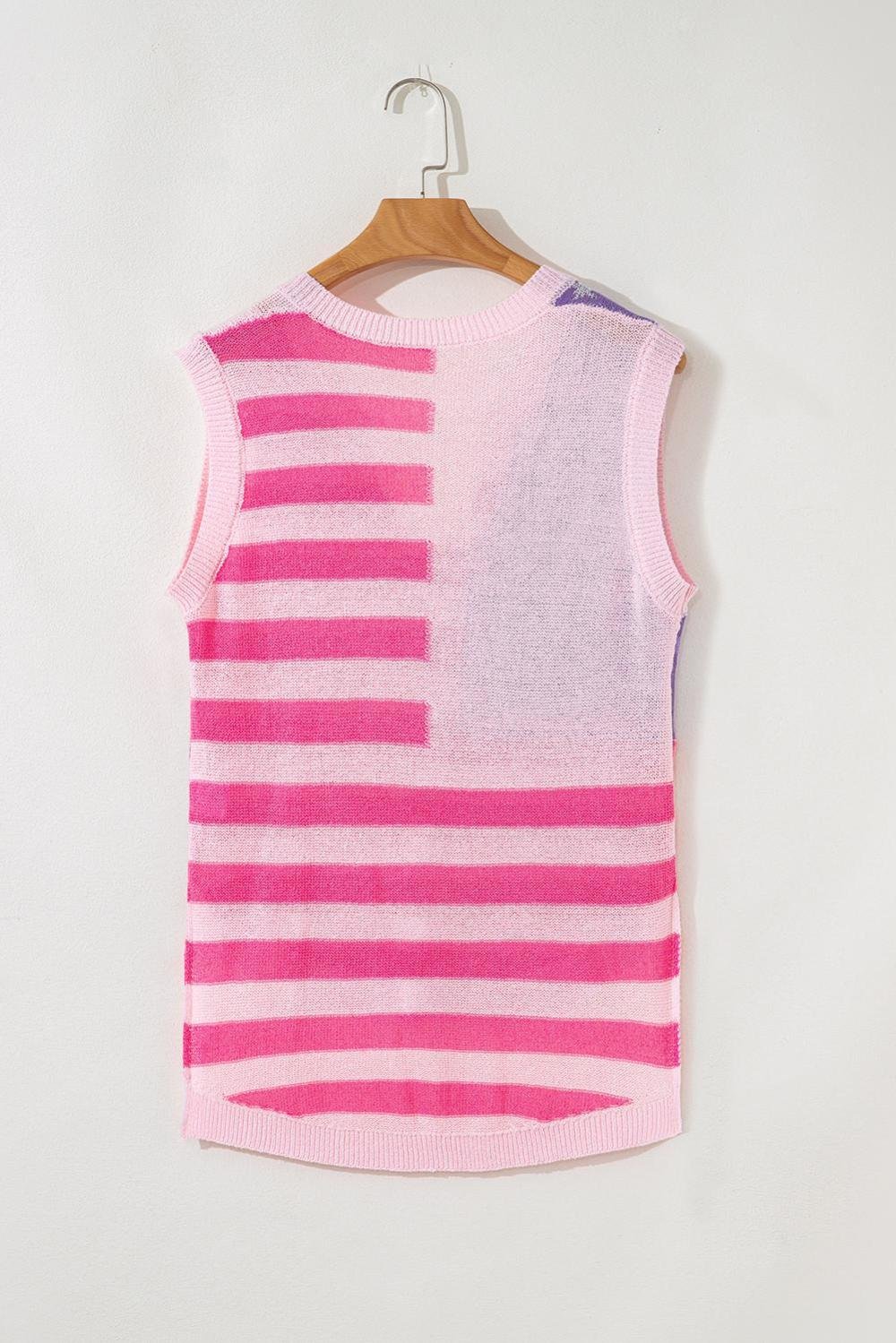 Knit Tops | Women Pink Stripe Usa Flag Notched Neckline Loose Knit Vest