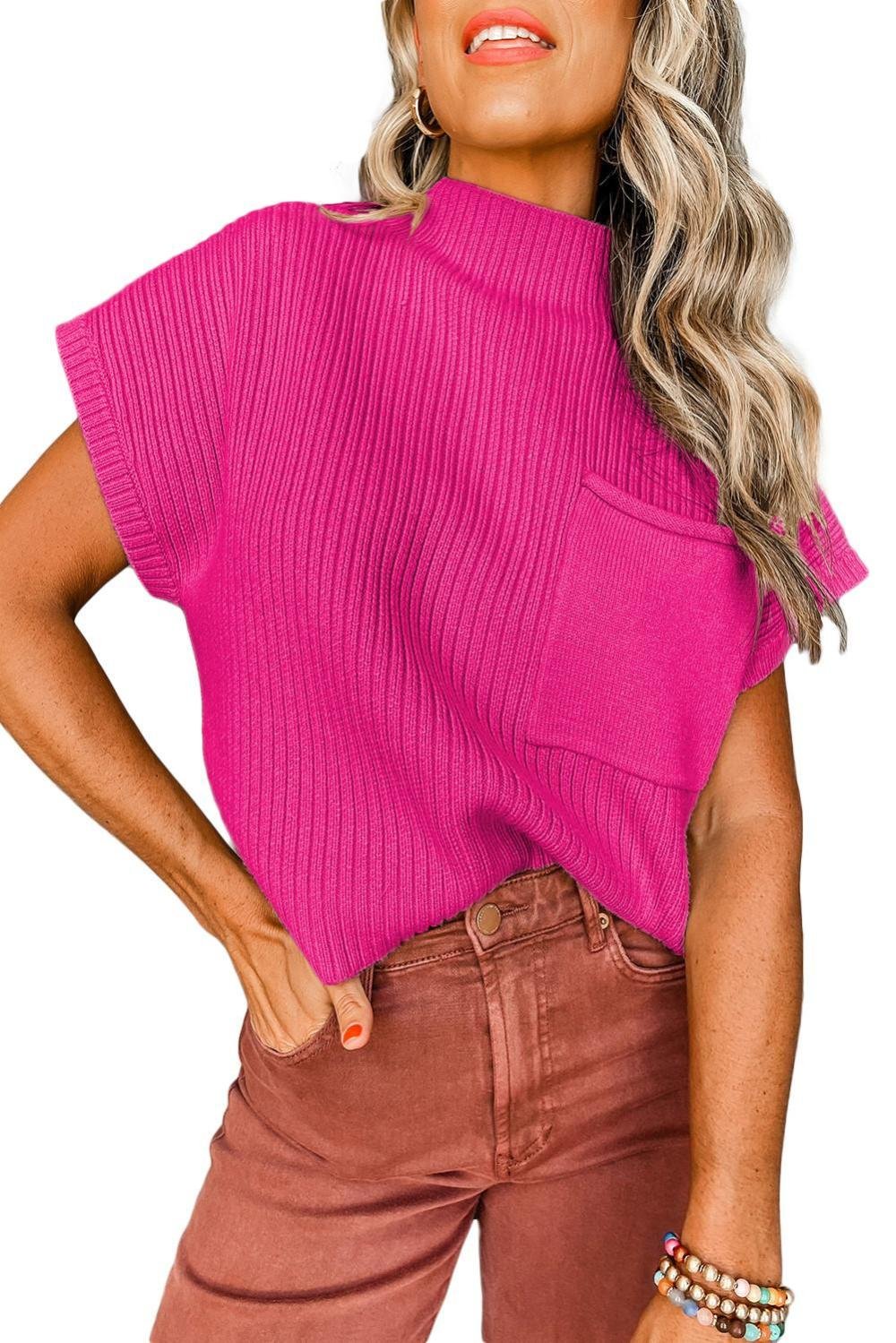 Knit Tops | Women Rose Red Patch Pocket Ribbed Knit Short Sleeve Sweater