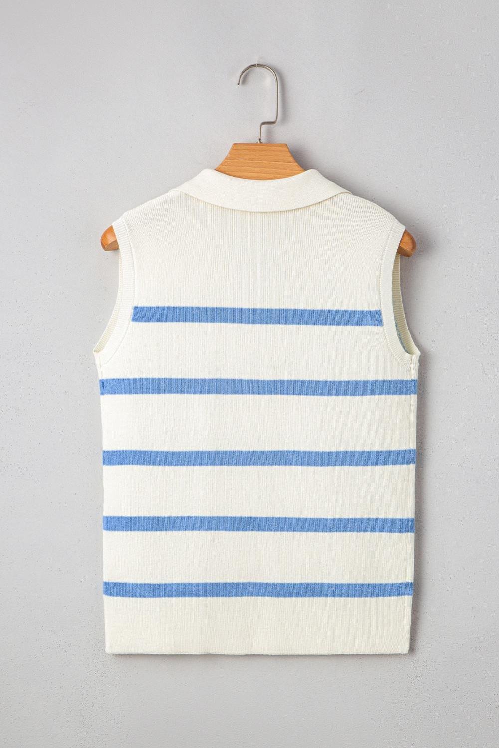 Knit Tops | Women Sky Blue Striped Split V Neck Collared Ribbed Knit Vest