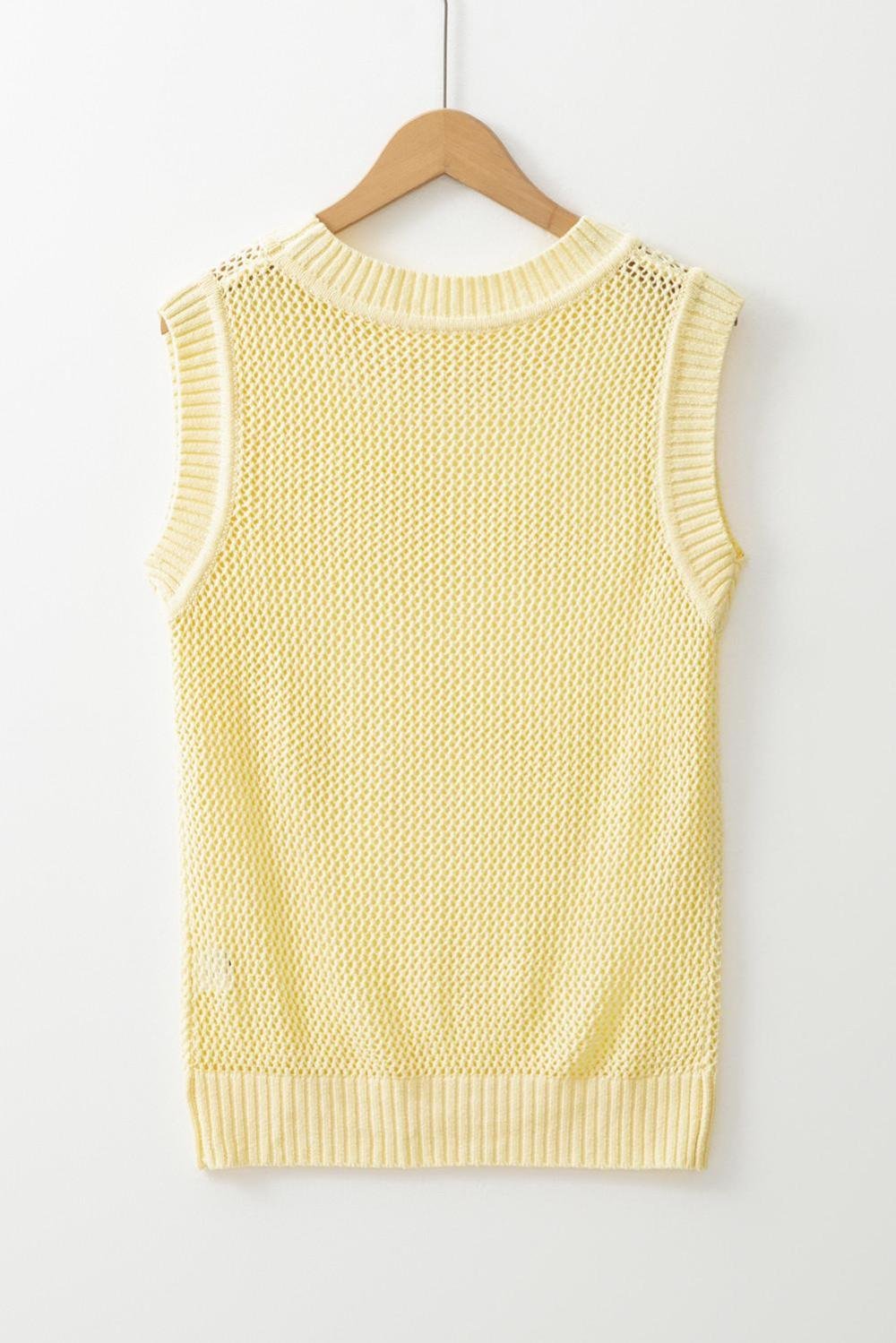 Knit Tops | Women Yellow Solid Color Hollowed Knit Round Neck Sweater Vest