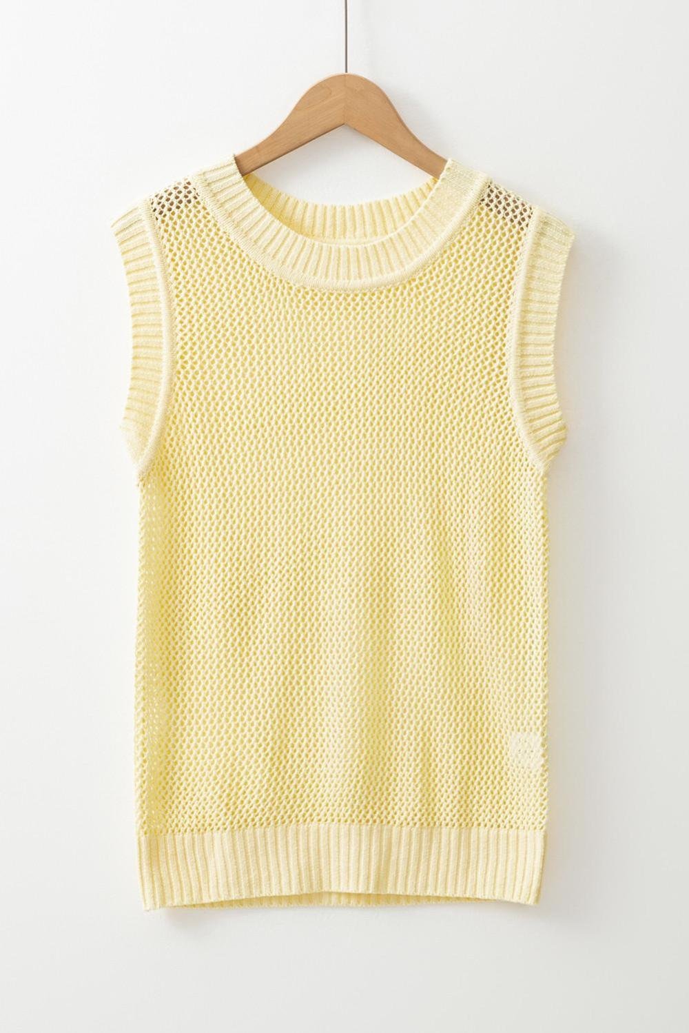 Knit Tops | Women Yellow Solid Color Hollowed Knit Round Neck Sweater Vest