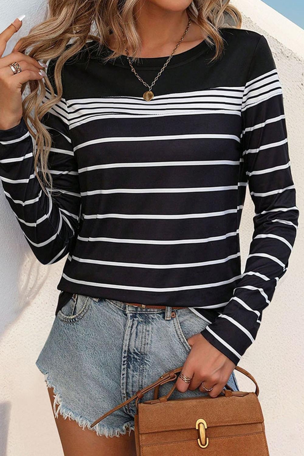 Long Sleeve Tops | Women Black Casual Striped Long Sleeve Top
