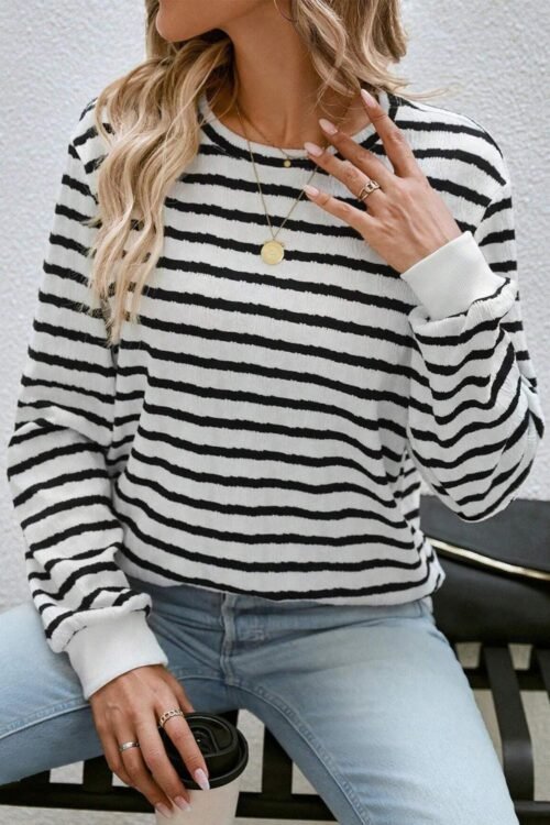 Long Sleeve Tops | Women Black Stripe Round Neck Casual Long Sleeve Top