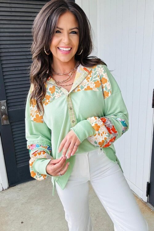 Long Sleeve Tops | Women Clearly Aqua Lace Floral Patchwork Hooded Henley Top