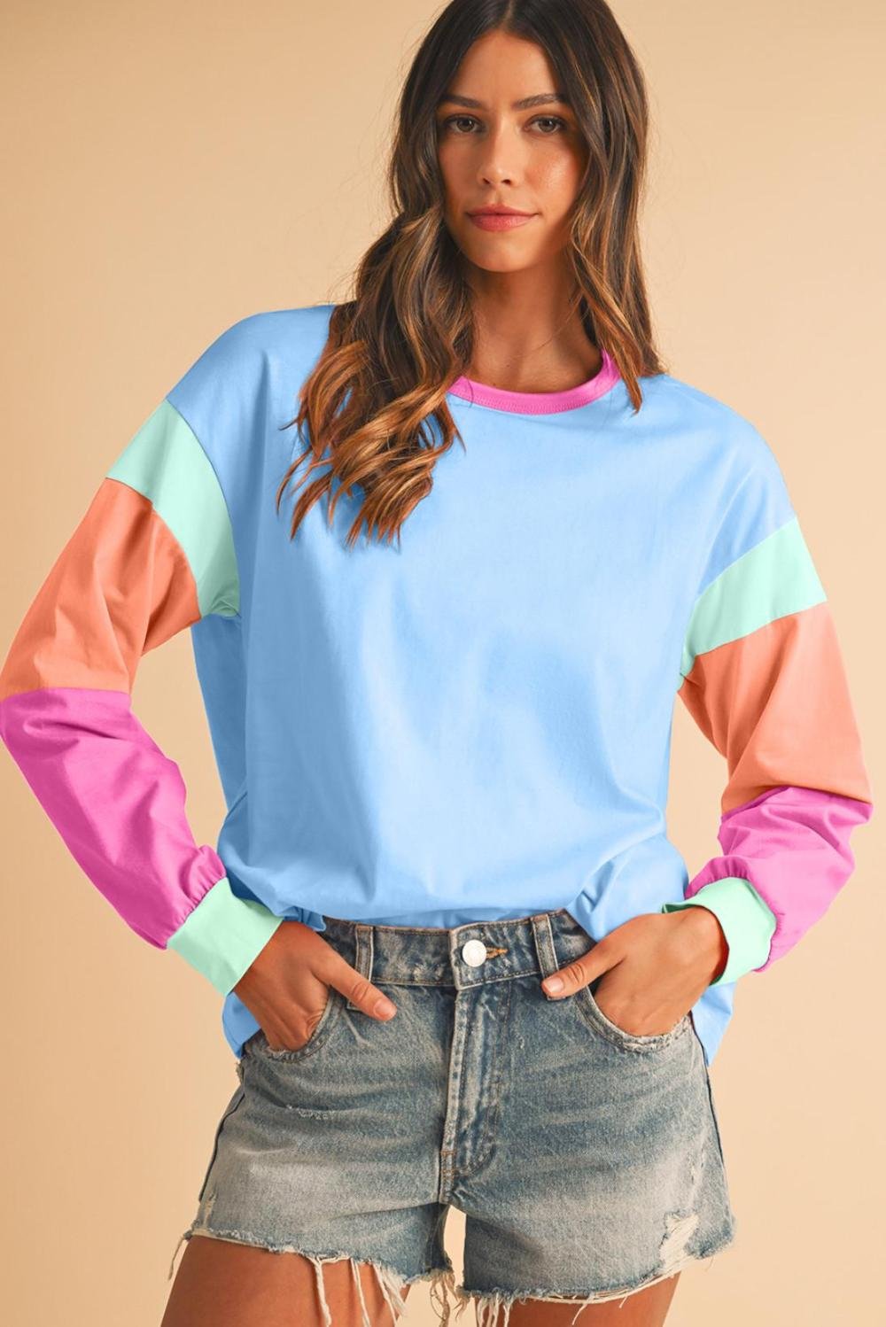 Long Sleeve Tops | Women Dark Blue Color Block Sleeve Loose Fit Top