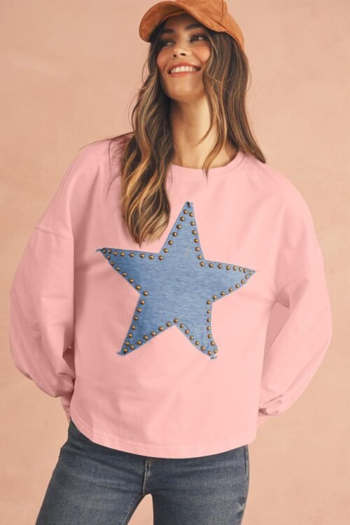 Long Sleeve Tops | Women Gossamer Pink Studded Star Graphic Oversized Top