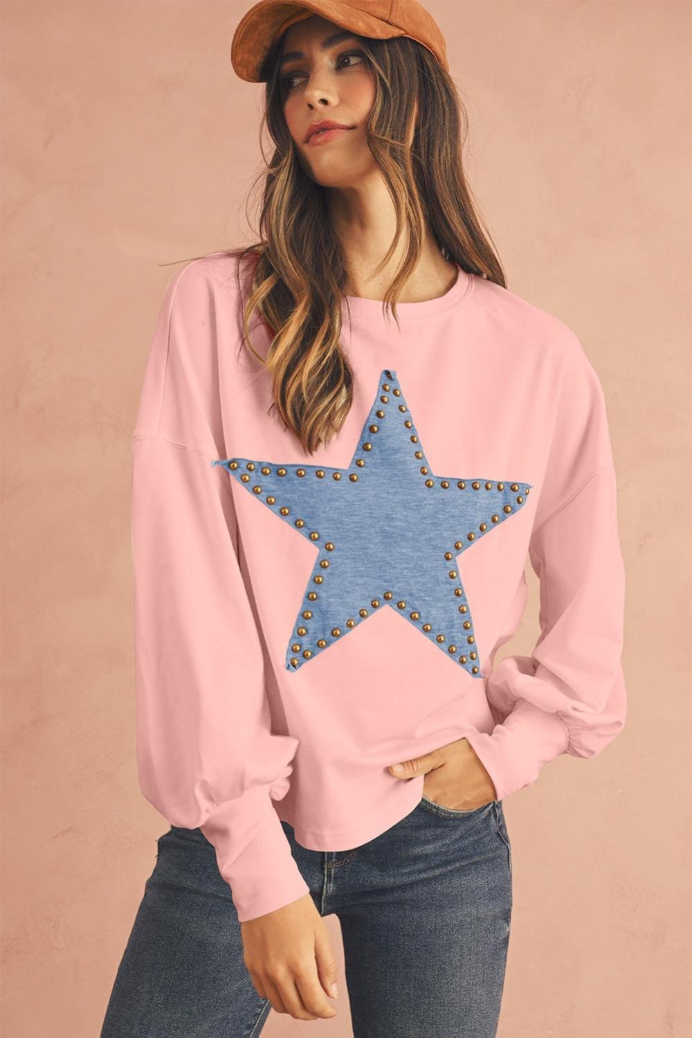 Long Sleeve Tops | Women Gossamer Pink Studded Star Graphic Oversized Top