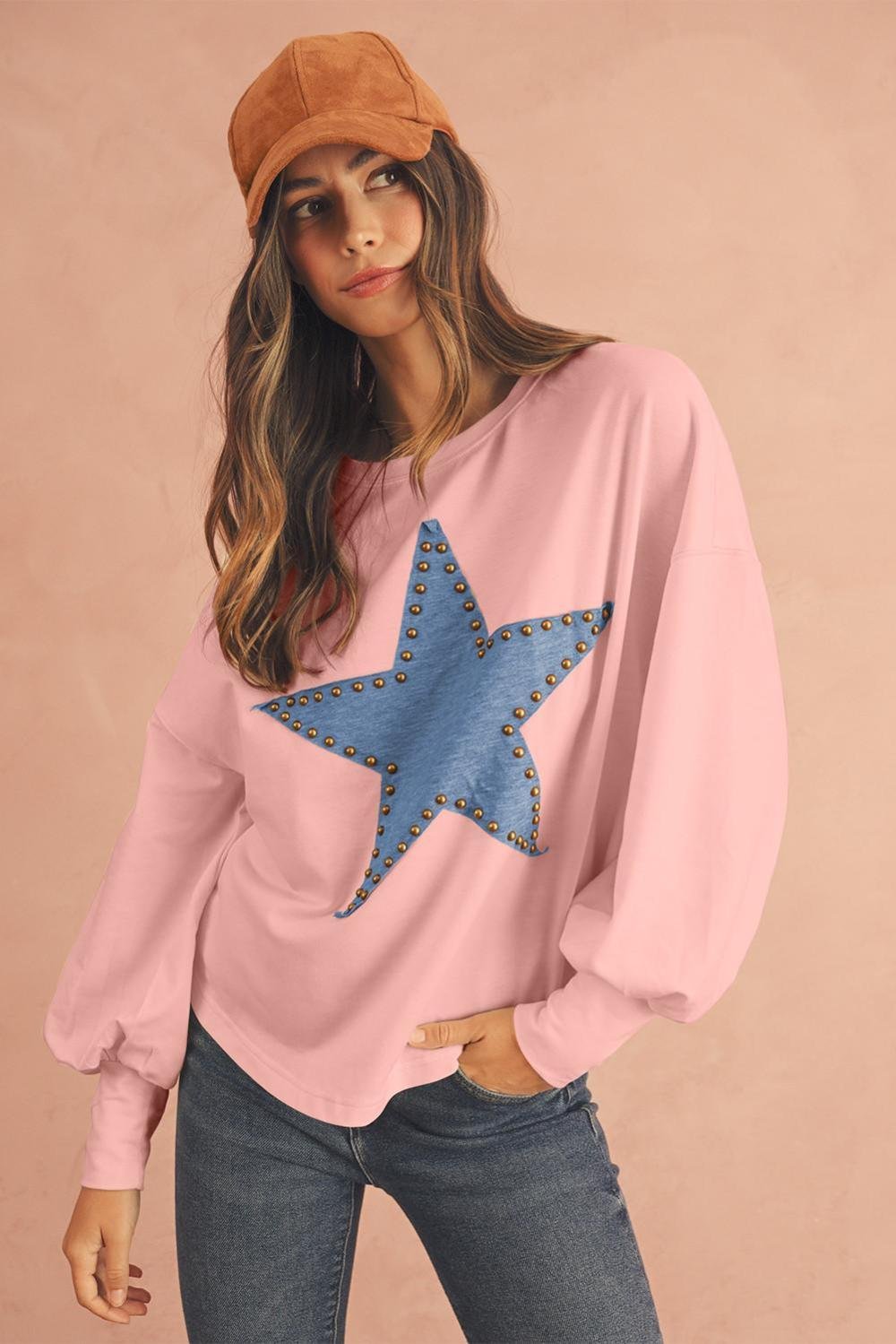 Long Sleeve Tops | Women Gossamer Pink Studded Star Graphic Oversized Top