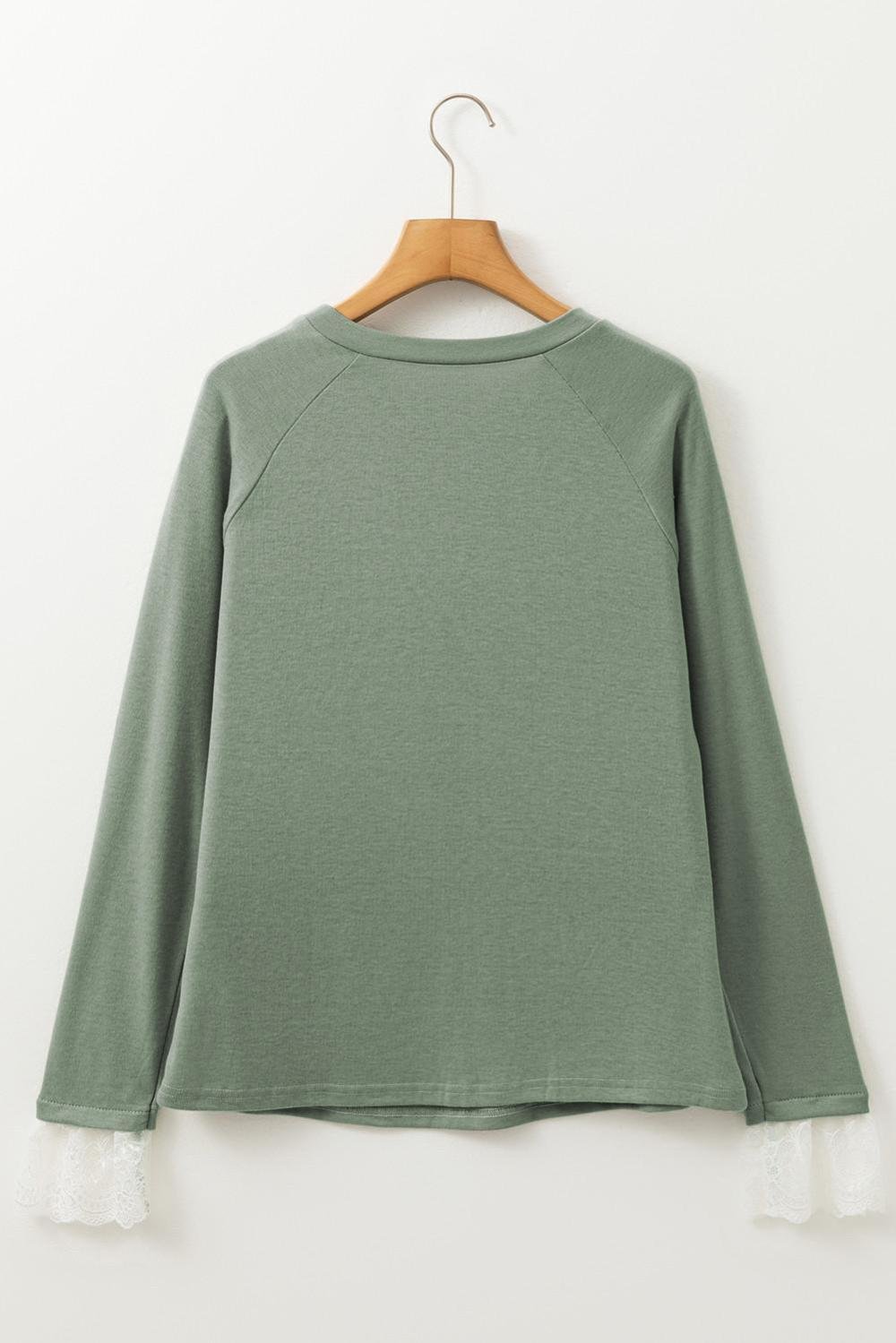 Long Sleeve Tops | Women Grass Green Seam Detail Lace Contrast Cuffs Raglan Sleeve Top