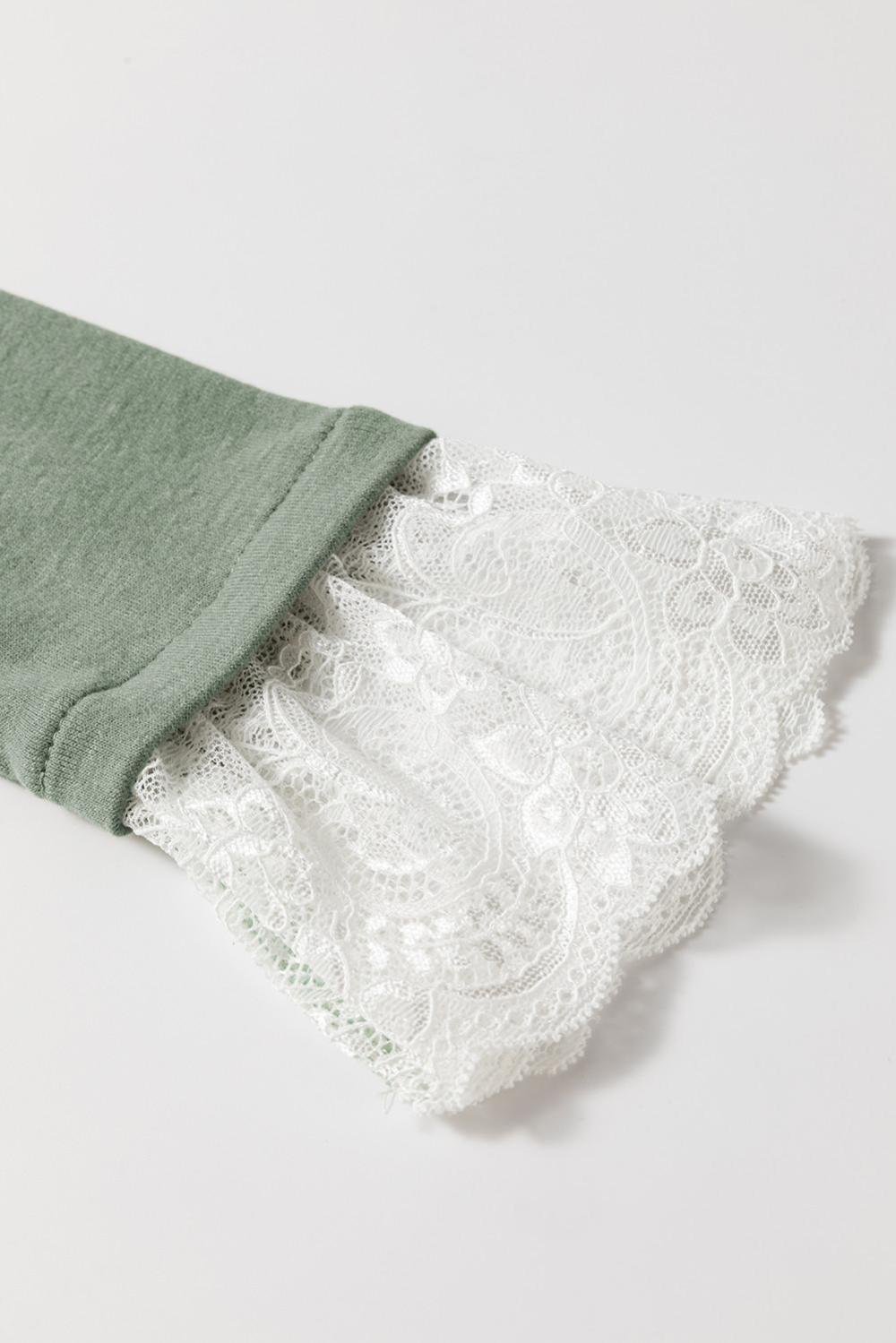 Long Sleeve Tops | Women Grass Green Seam Detail Lace Contrast Cuffs Raglan Sleeve Top