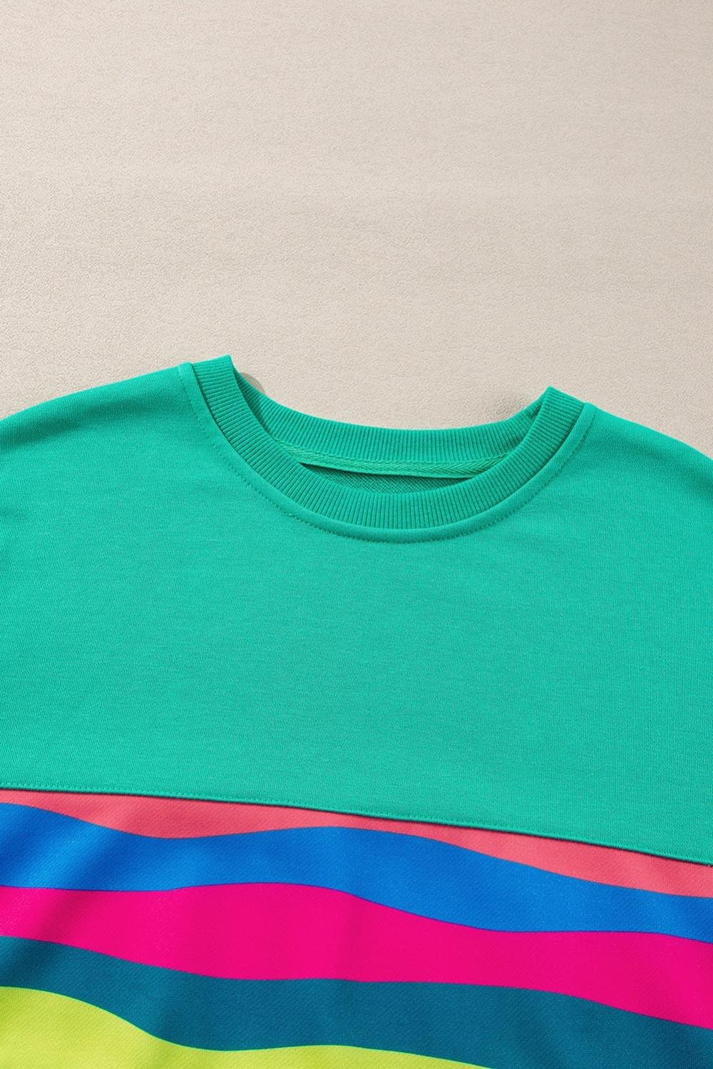 Long Sleeve Tops | Women Green Colorful Striped Round Neck Long Sleeve Top