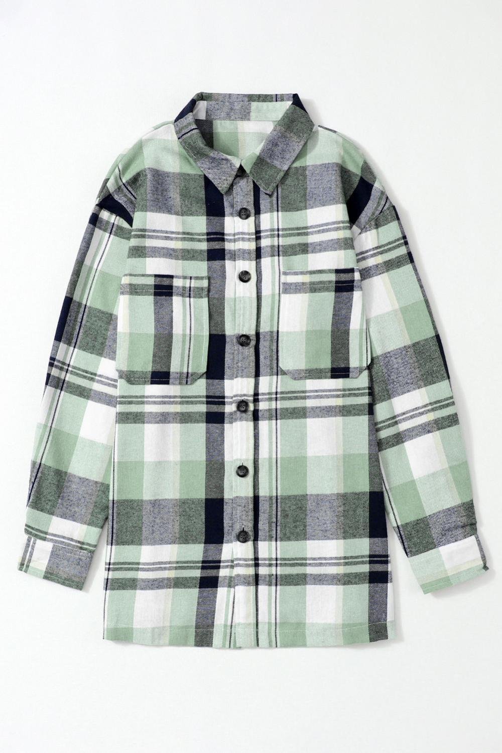 Long Sleeve Tops | Women Green Long Sleeve Collared Button Up Flannel Shacket